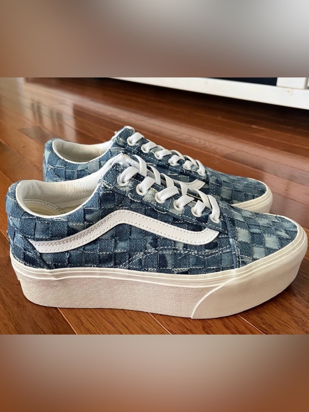 VANS OLD SKOOL STACKFORM WOVEN Denim Sneakers Size 7 Blue Like New! - Picture 3 of 5
